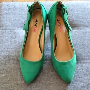 JustFab "Carletta" kelly green faux-suede pumps with bow